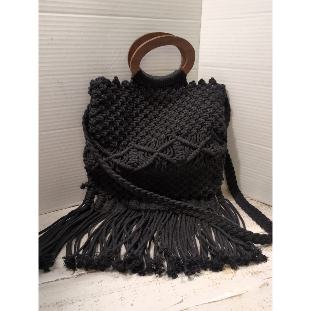 Danielle Nicole Black Macrame Crochet Handbag With Fringe Boho Hippie